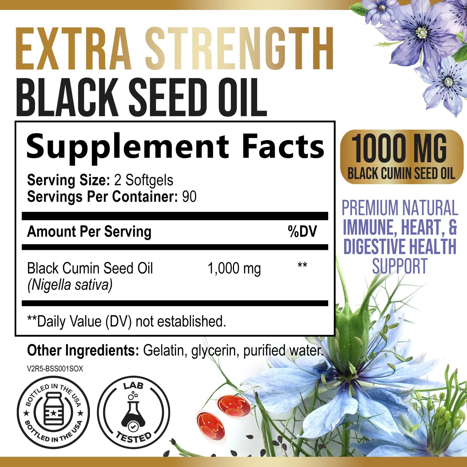 Nature's Nutrition black seed oil softgels capsules closeup with pure Nigella sativa