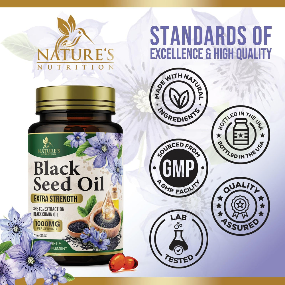 Nature's Nutrition black seed oil softgels pour for easy daily dosing