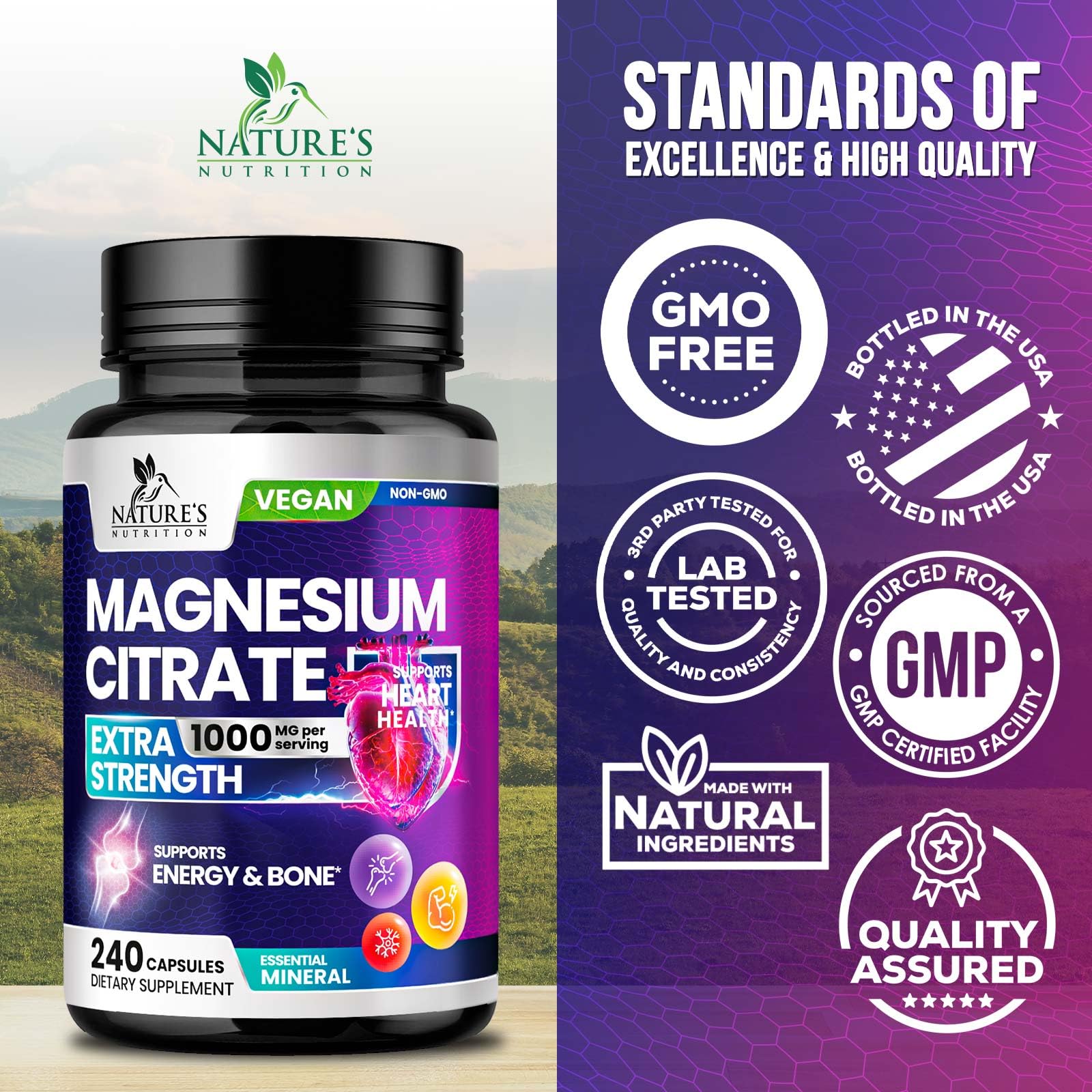 Nature's Nutrition bottle displays a GMP facility seal, signaling quality manufacturing.