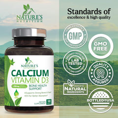 Nature's Nutrition bottle with label under soft lighting indicating daily bone support