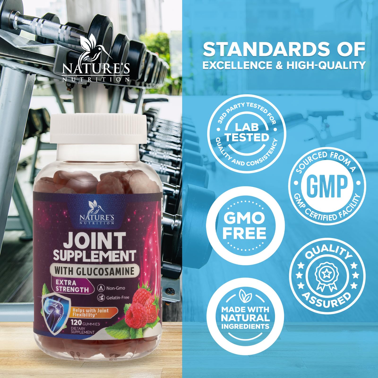 Nature's Nutrition bottle on kitchen counter for convenient joint care.