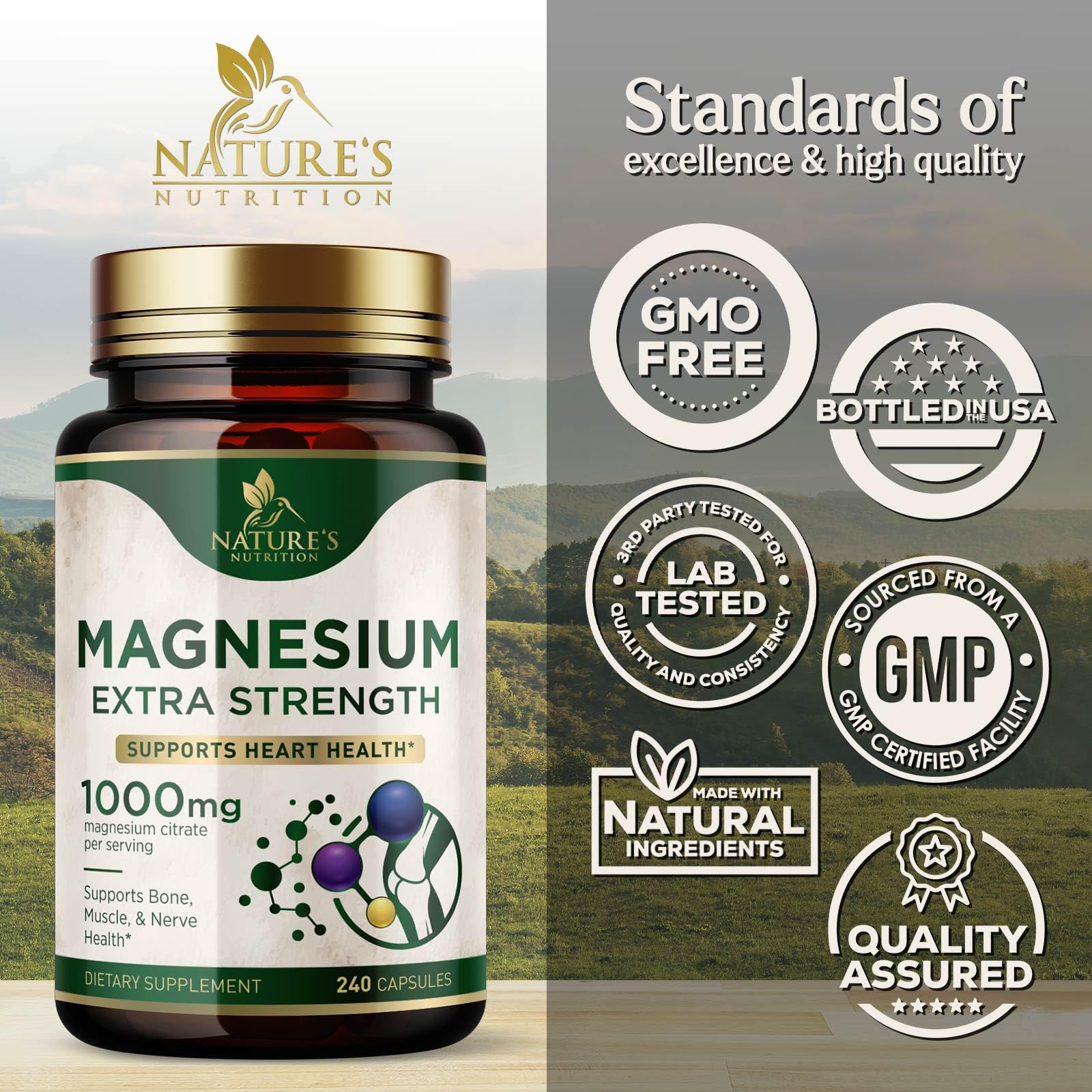 Nature's Nutrition bottle label highlights bottled in USA assurance.