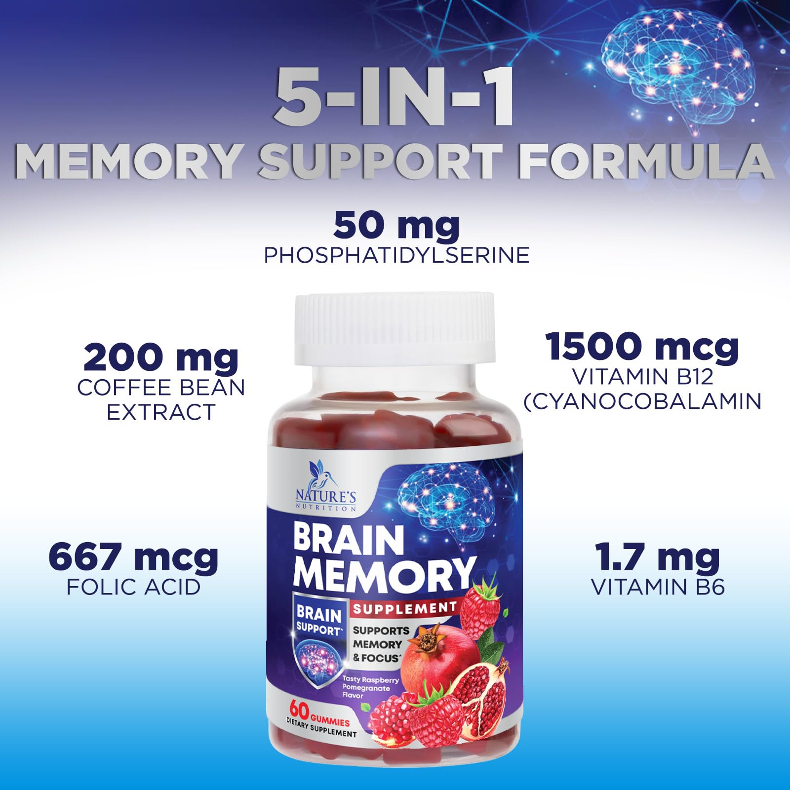 Nature's Nutrition Brain Health Clarity Gummies visual emphasizes focus and alertness potential.