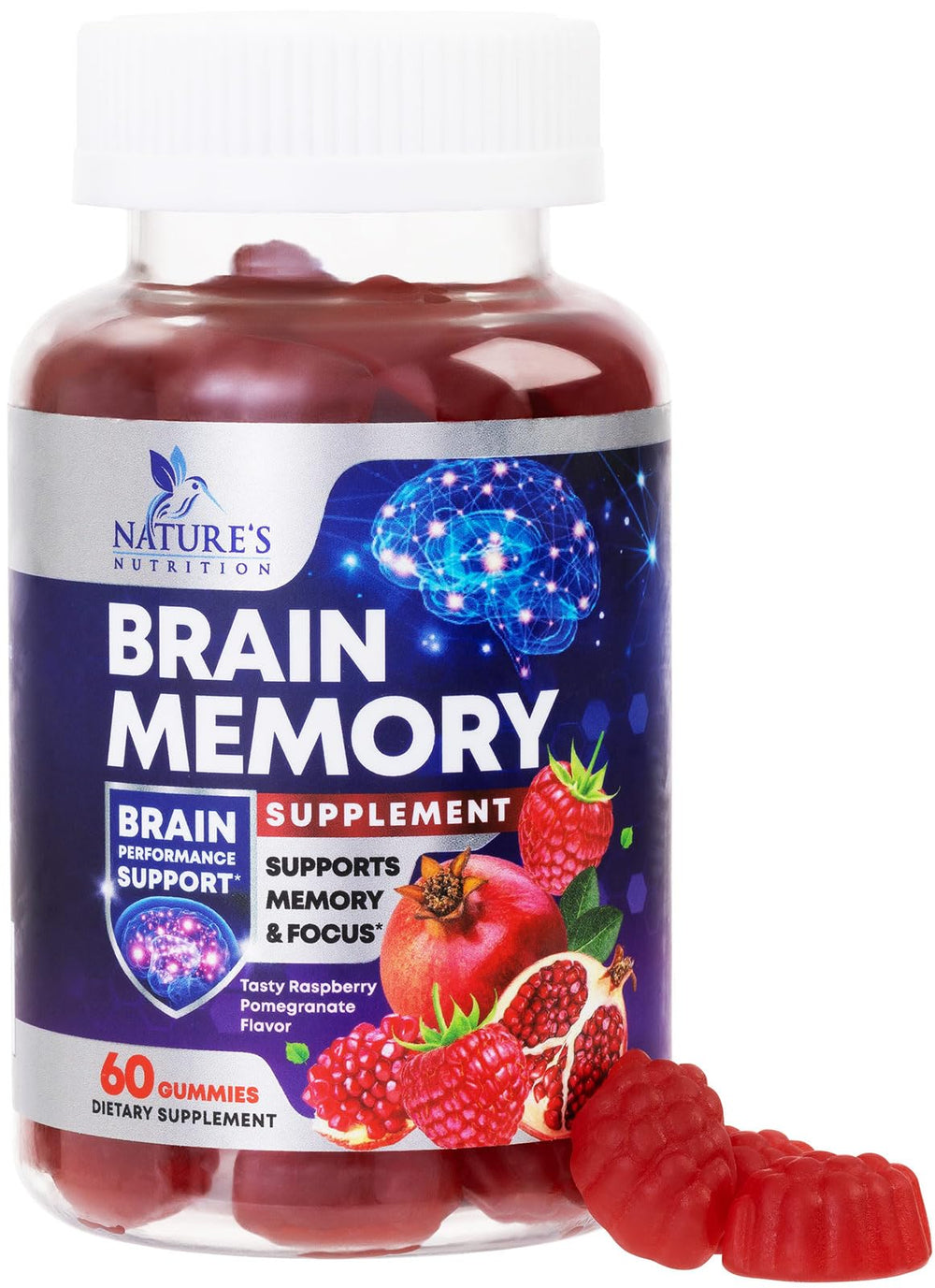 Nature's Nutrition Brain Memory Gummies bottle highlights a tasty cognitive support for daily focus.