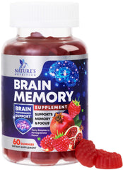 Nature's Nutrition Brain Memory Gummies bottle highlights a tasty cognitive support for daily focus.
