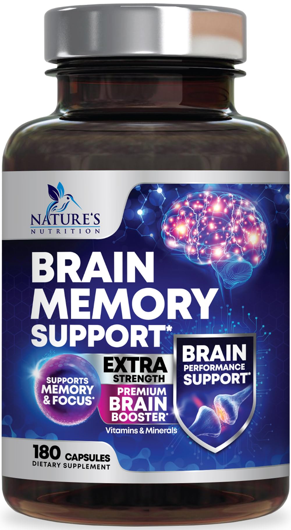 Nature's Nutrition Brain Memory Supplement bottle with capsules for sharper focus