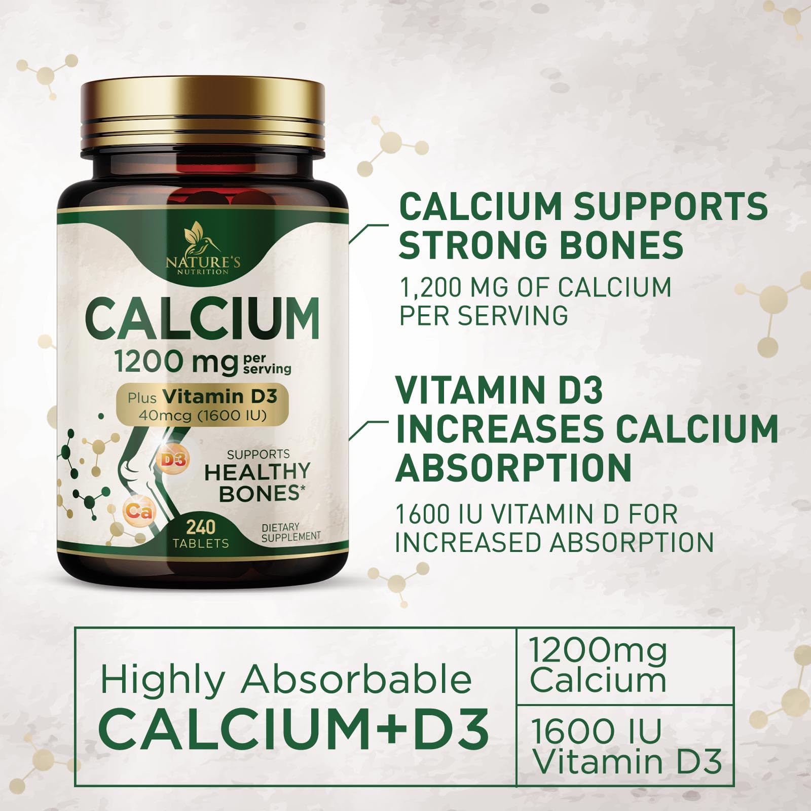 Nature's Nutrition calcium 1200 mg bottle with glass of water for daily intake