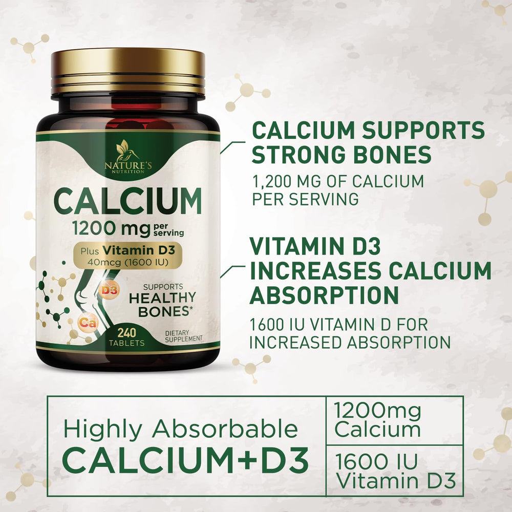 Nature's Nutrition calcium 1200 mg bottle with glass of water for daily intake