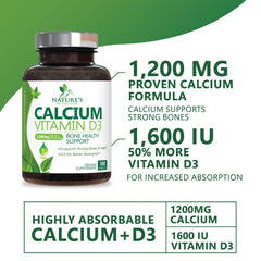 Nature's Nutrition calcium 1200 mg and D3 graphic emphasizing absorption