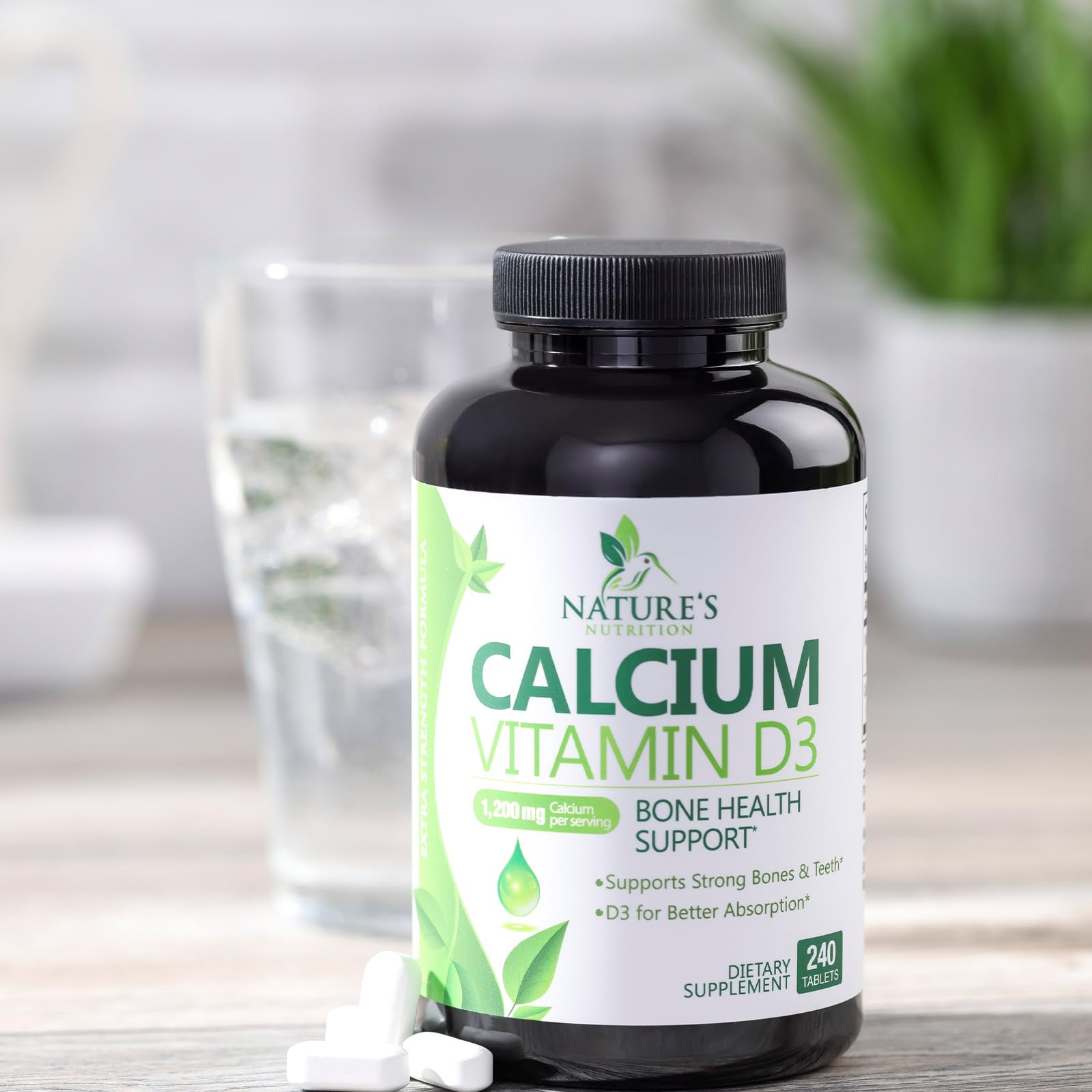 Nature's Nutrition 1200mg calcium bottle side view highlights ergonomic tablet shape.