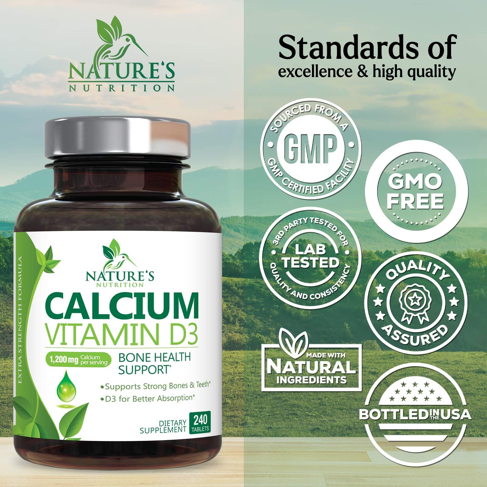 Nature's Nutrition Calcium 1200 mg with D3 nutrition facts panel.