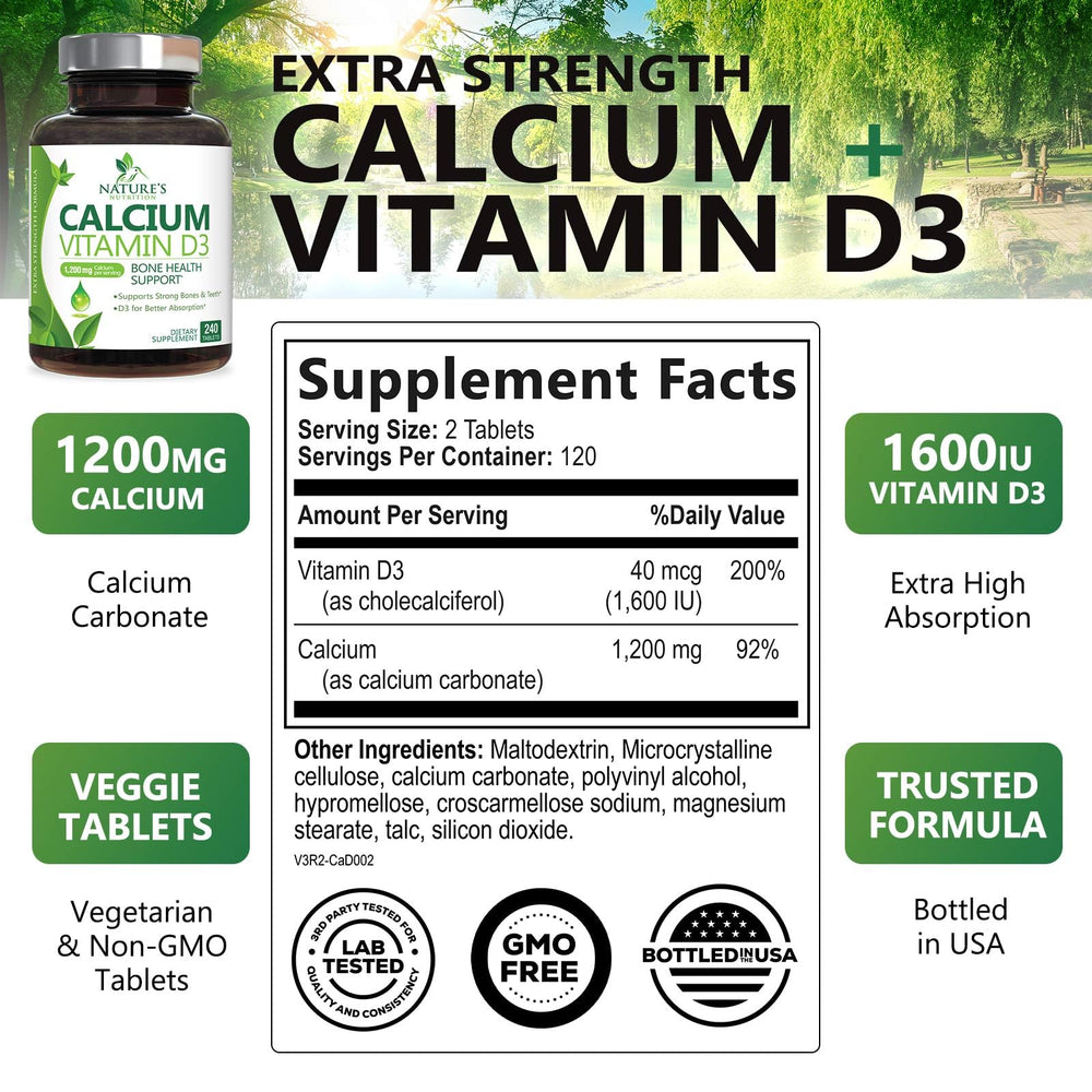 Nature's Nutrition calcium 1200mg tablets closeup highlights easy-to-swallow capsules.