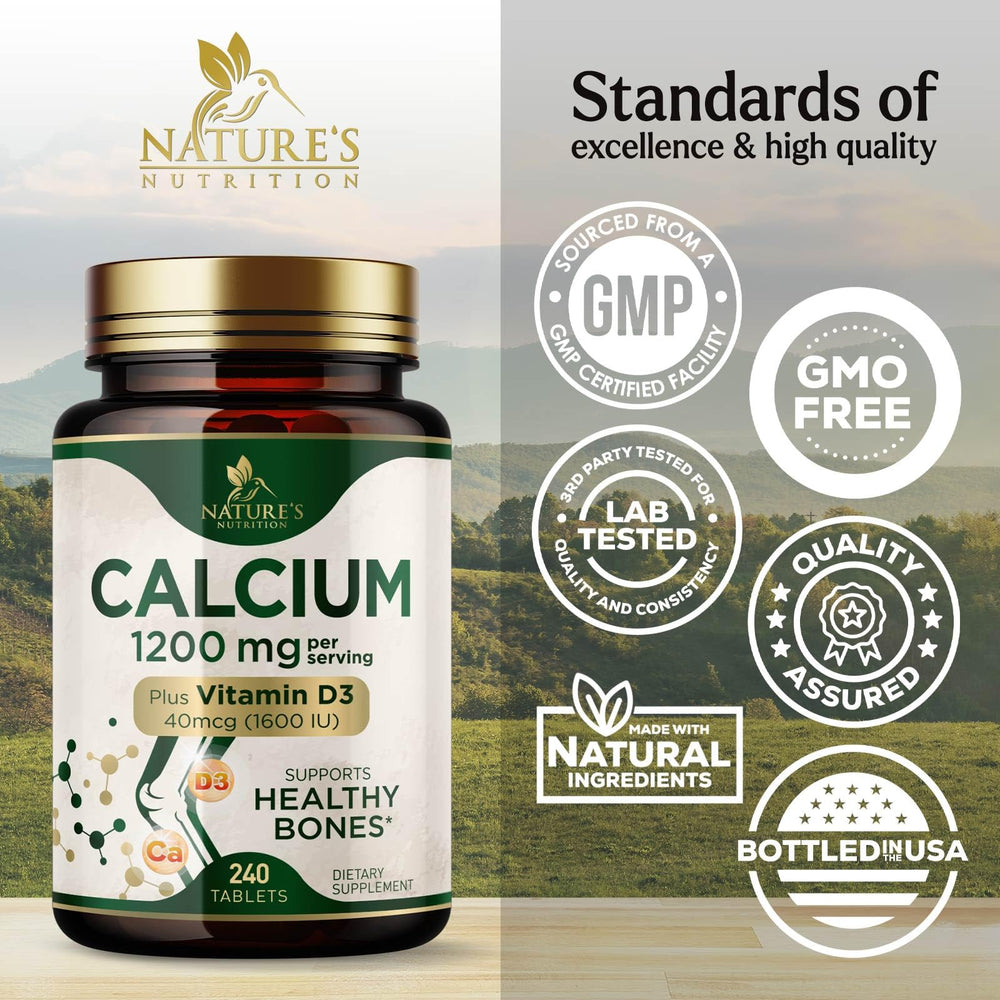 Label detail shows calcium 1200 mg and vitamin D3 for bone health
