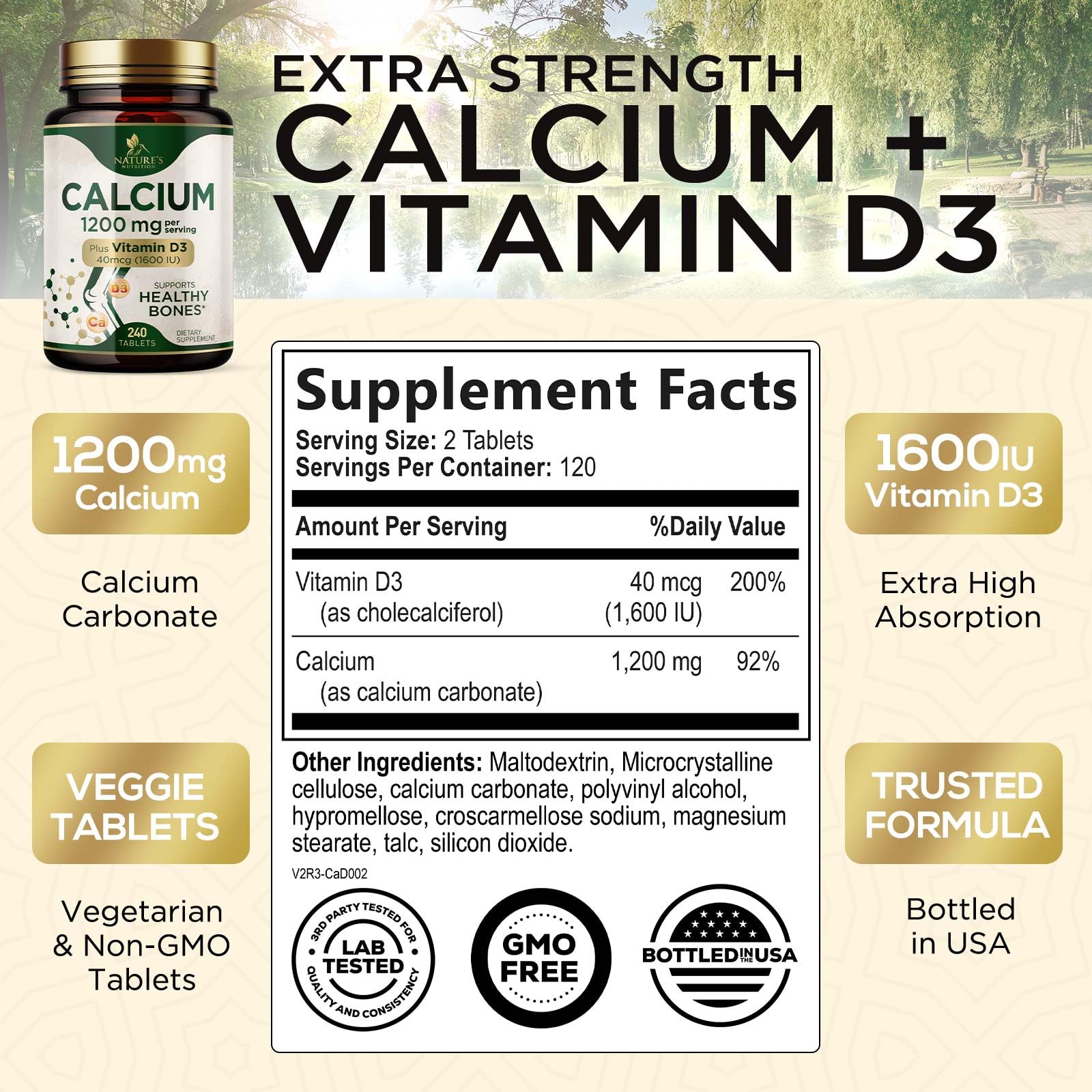Close-up of Nature's Nutrition calcium 1200 mg tablets for easy daily use