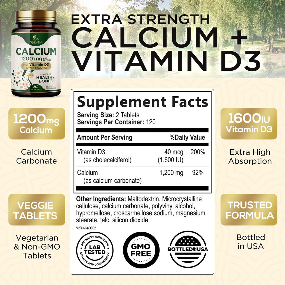 Close-up of Nature's Nutrition calcium 1200 mg tablets for easy daily use