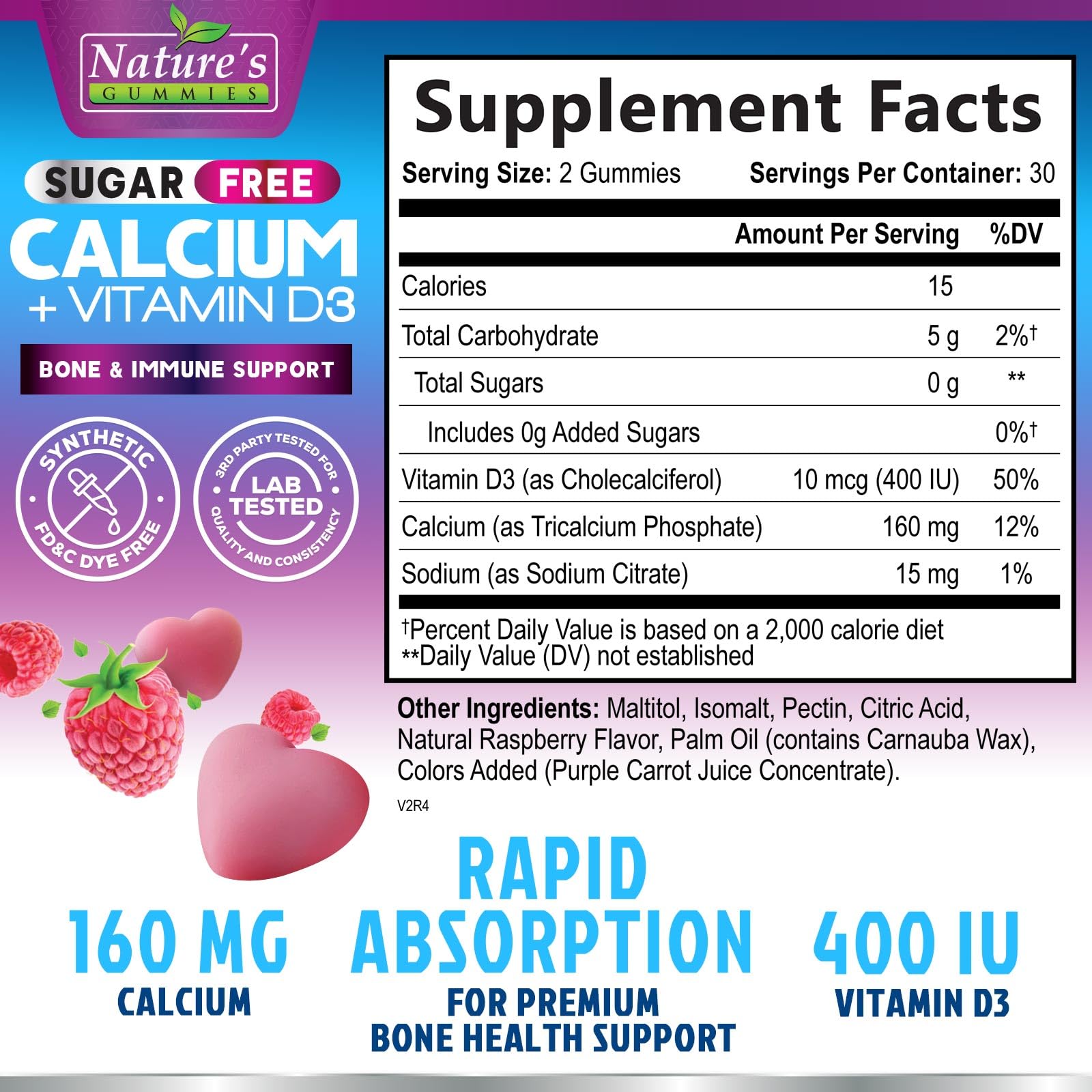 Nature's Nutrition Calcium Gummies bottle-back with clean label and details