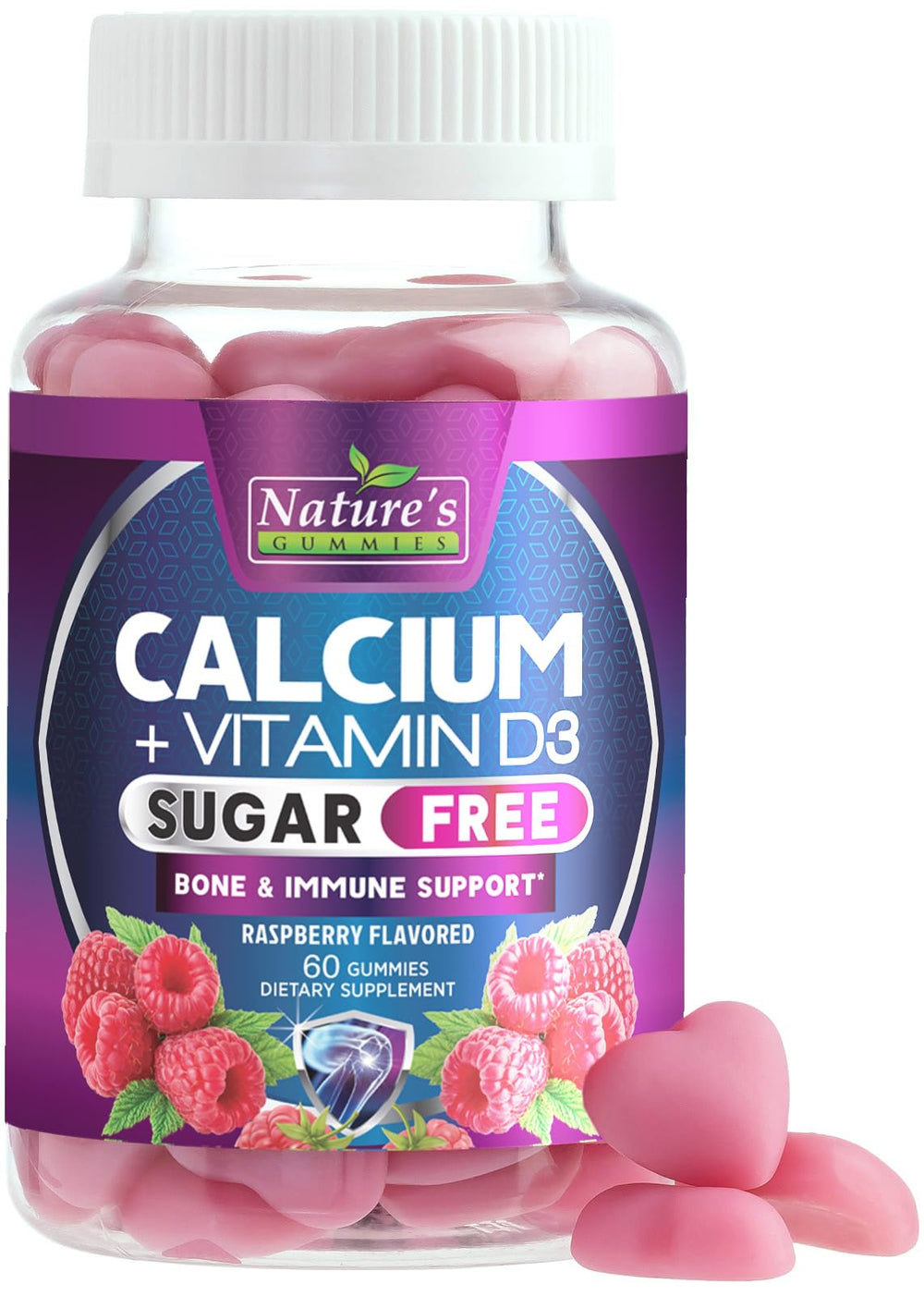 Nature's Nutrition Calcium Gummies bottle-front showing sugar-free calcium with vitamin D3 for absorption