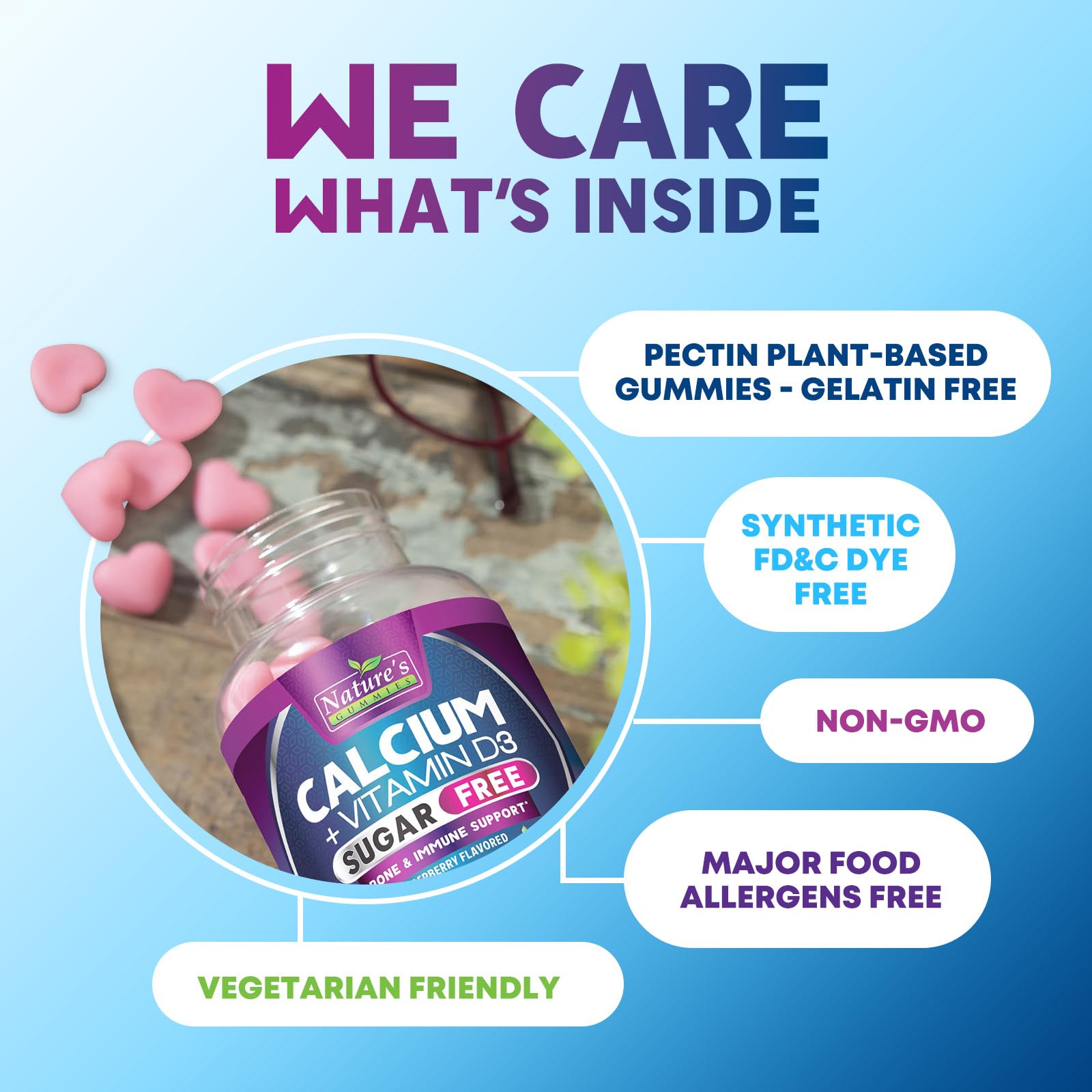 Nature's Nutrition Calcium Gummies bottle with water for digestion-friendly consumption