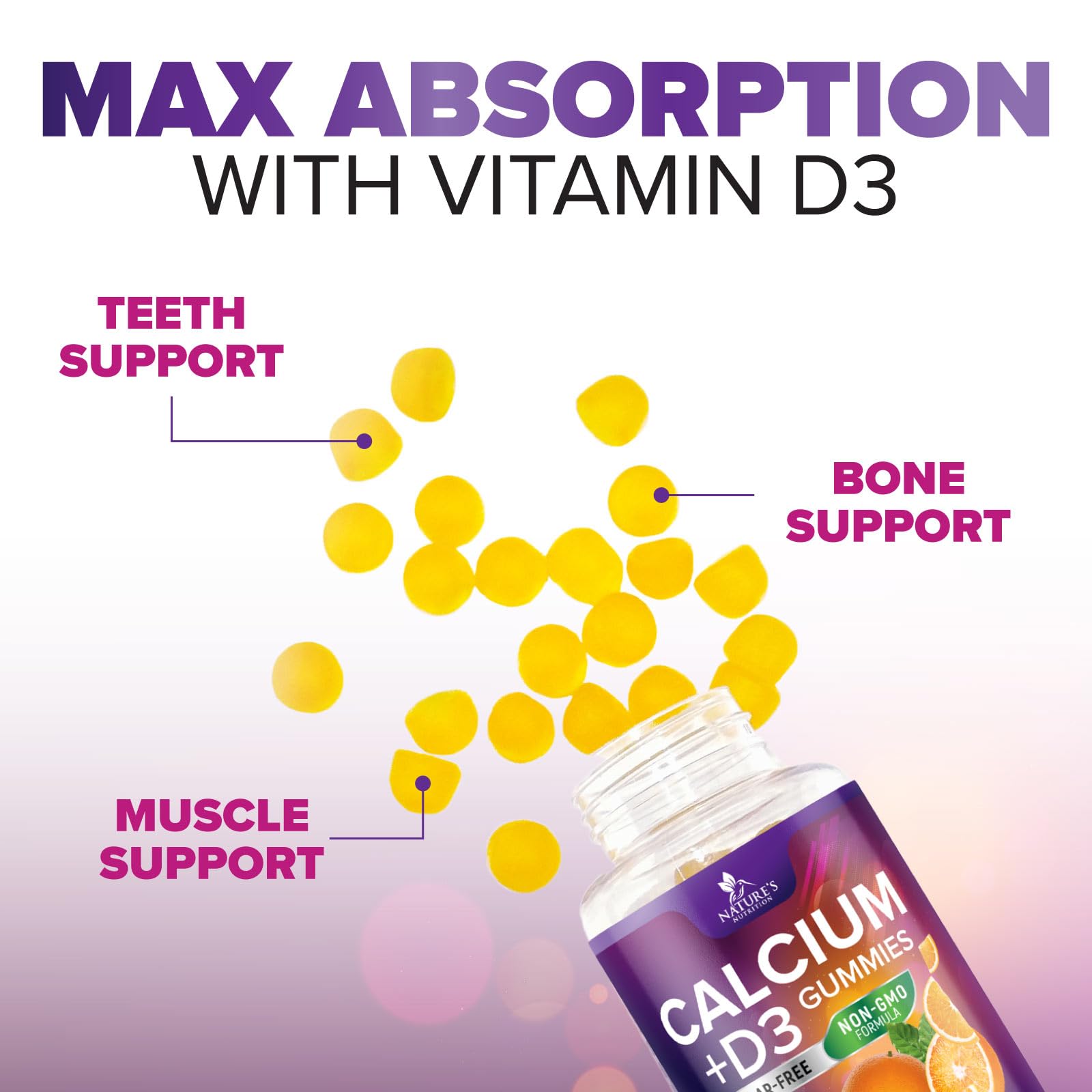 Nature's Nutrition Calcium Gummies two gummies with water illustrate daily dosage.