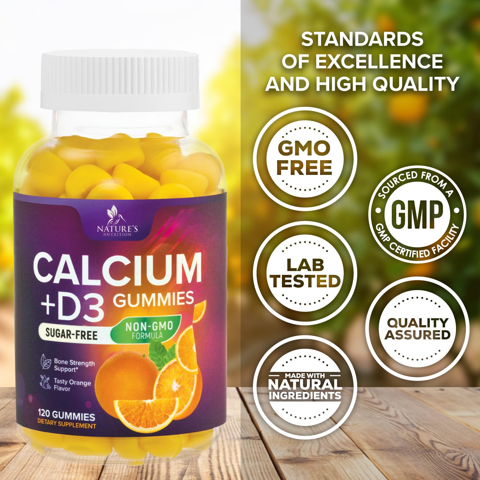 Nature's Nutrition Calcium Gummies vitamin D3 label close-up, highlighting enhanced calcium uptake.