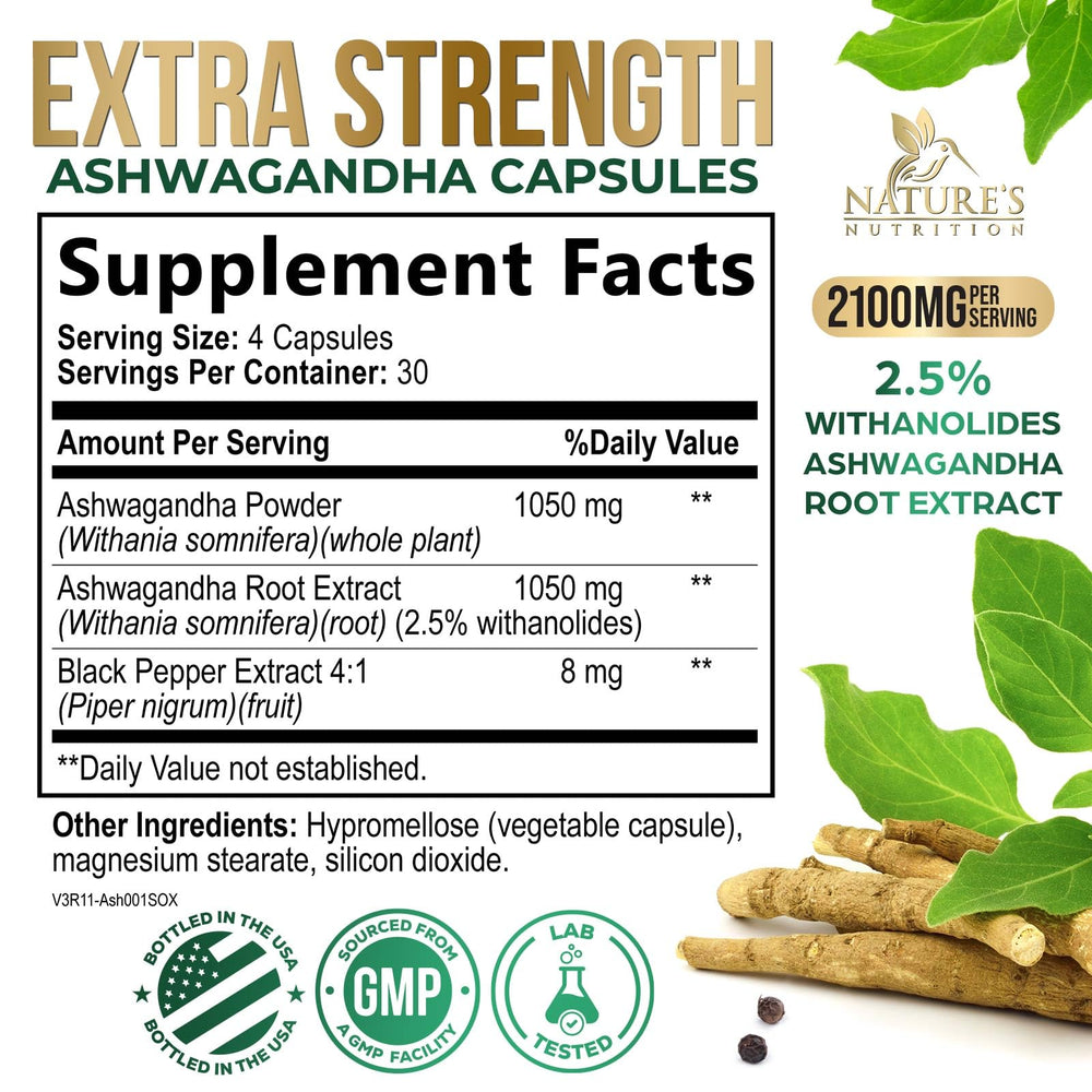 Nature's Nutrition cápsulas Ashwaganda basadas en plantas para bienestar diario