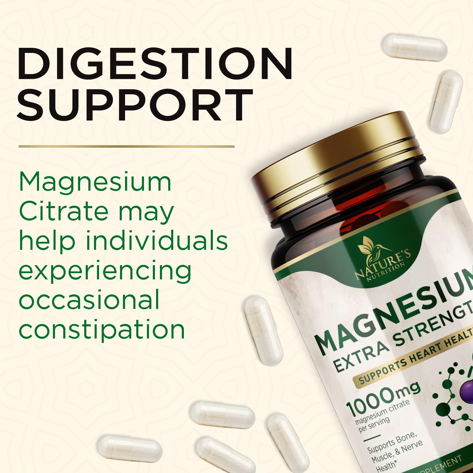 Nature's Nutrition capsules on a counter with a measuring scoop for daily use.