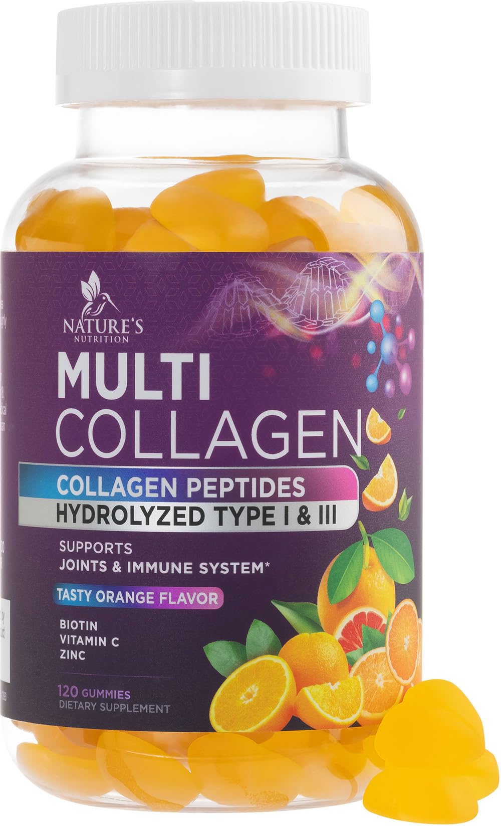 Nature's Nutrition collagen gummies orange bottle for tasty hair and skin support