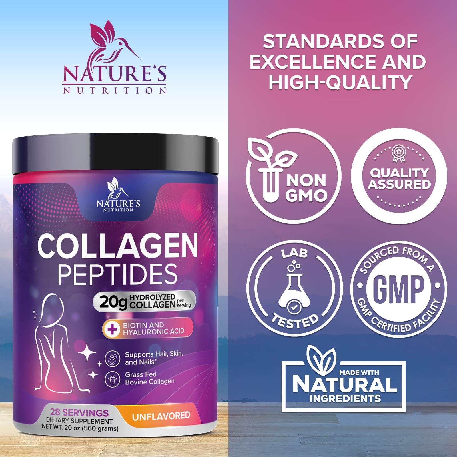 Nature's Nutrition Collagen Peptides tub close-up highlighting hyaluronic acid