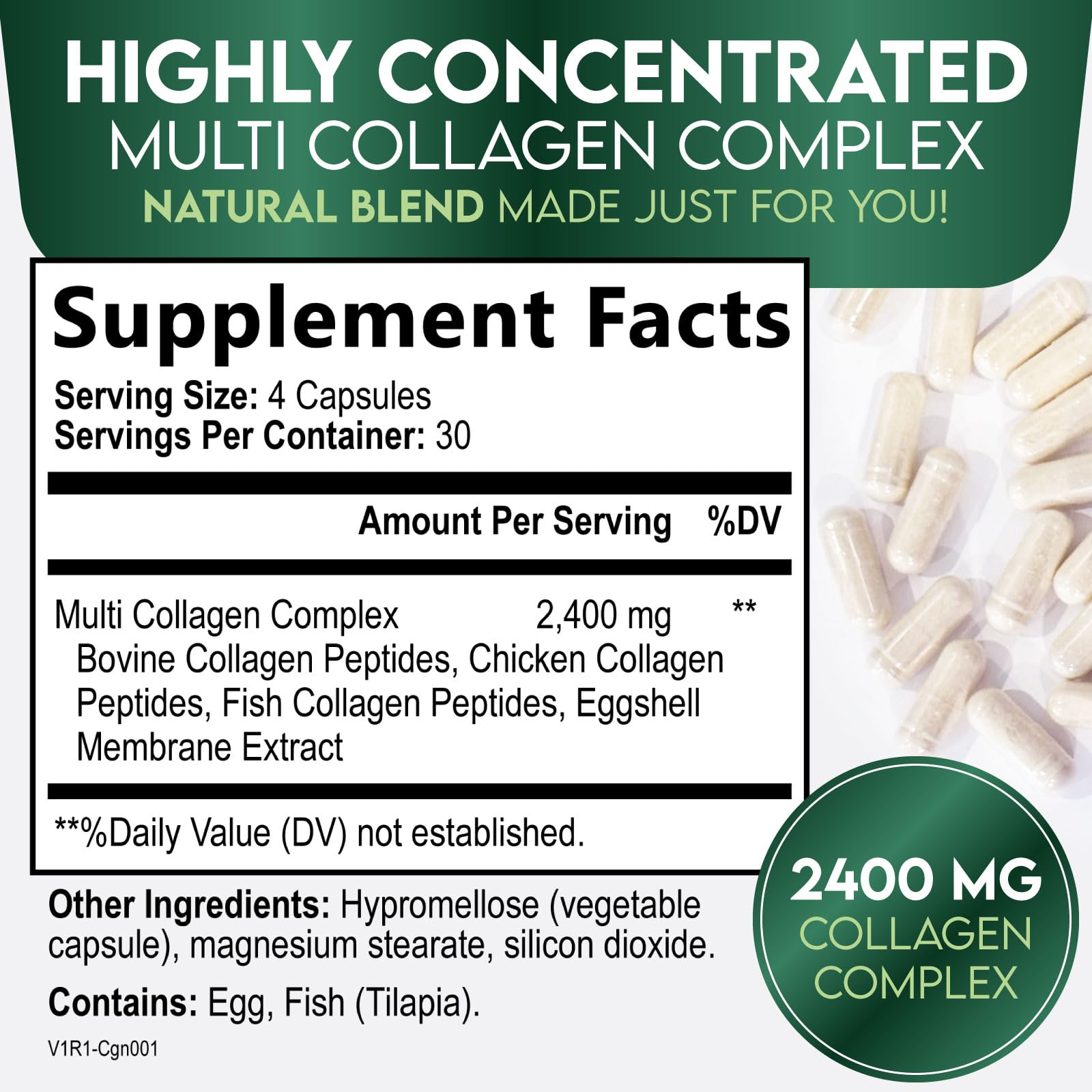Closeup of Nature's Nutrition collagen pills showing compact unflavored capsules