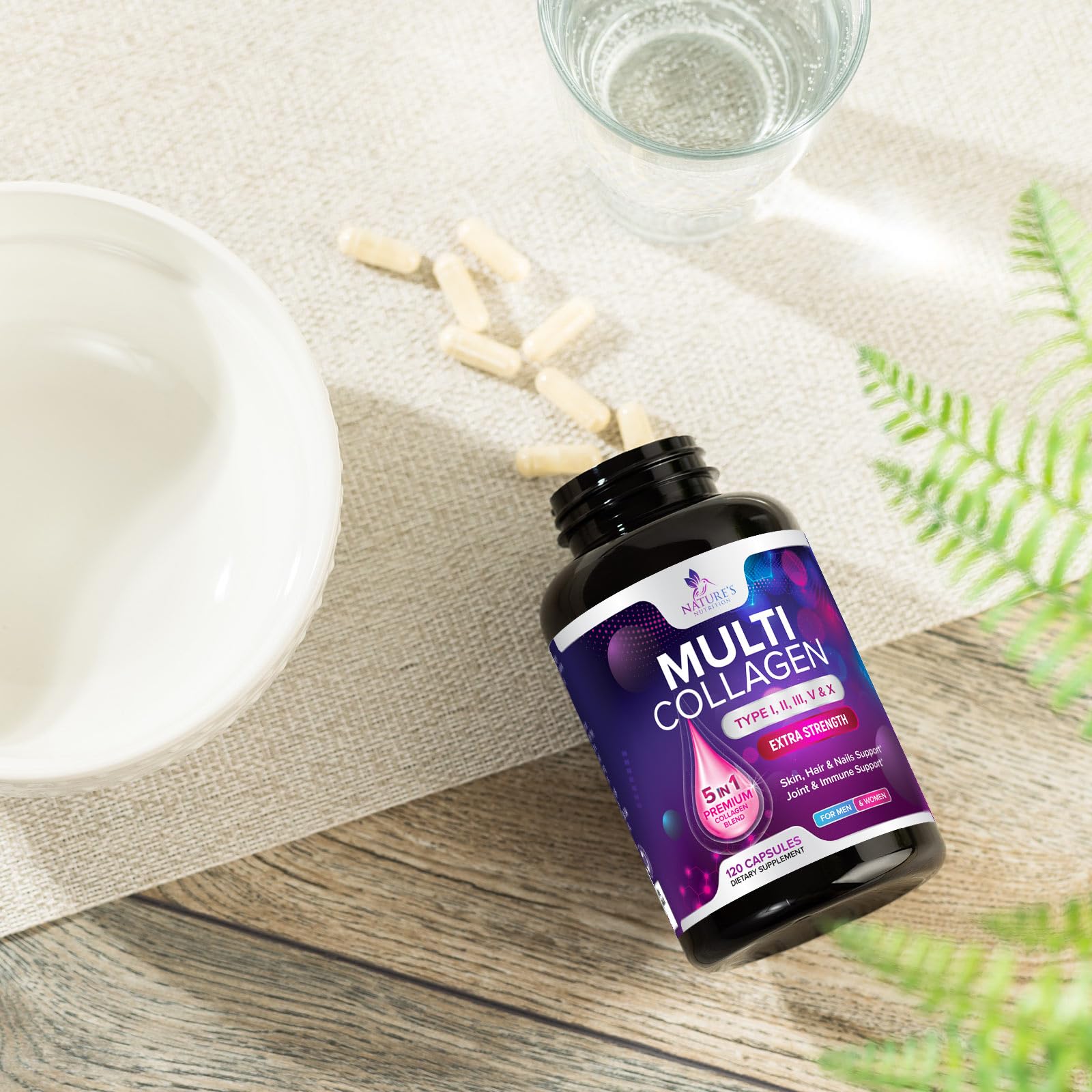 Nature's Nutrition collagen supplement collection on shelf demonstrating variety.
