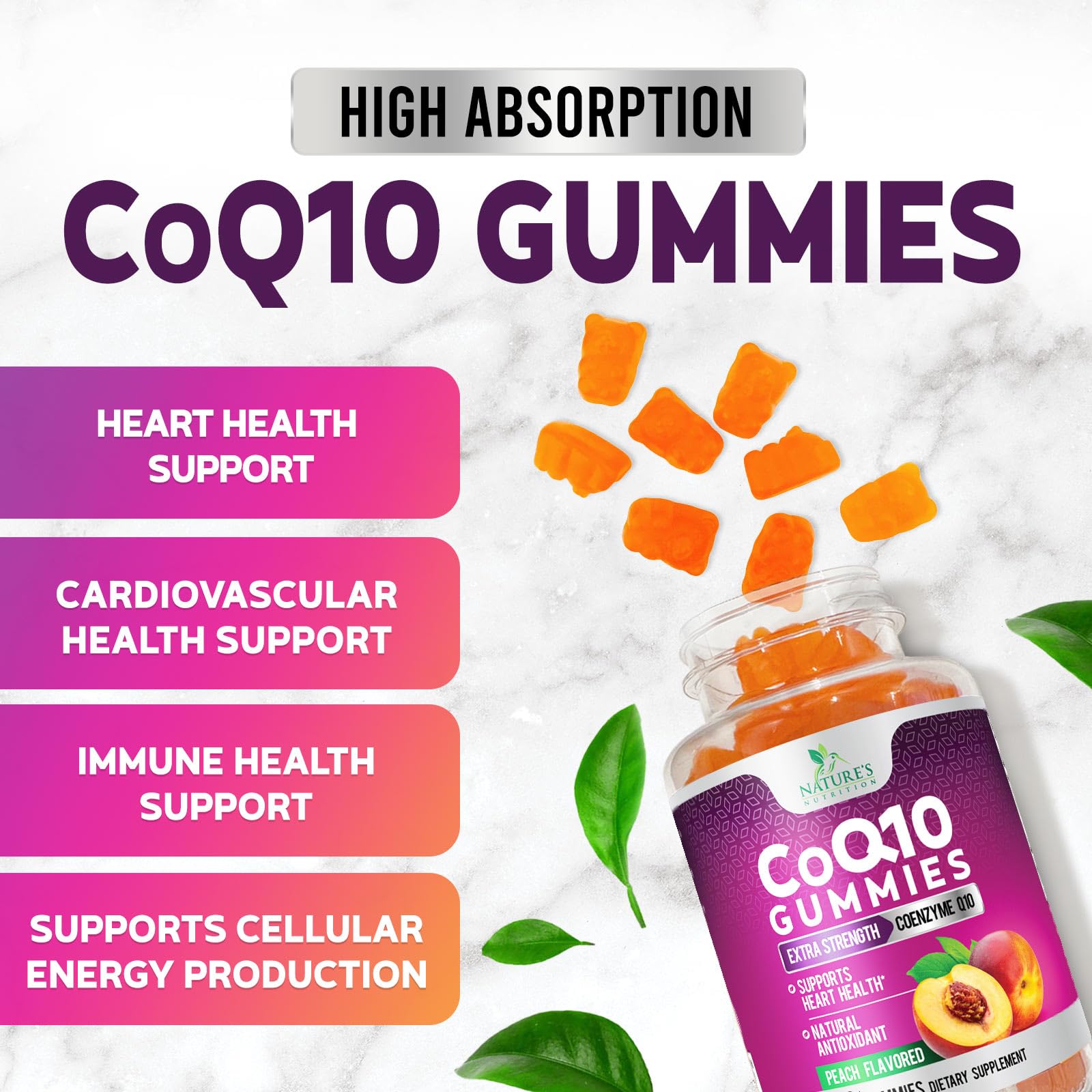 Nature's Nutrition CoQ10 Gummies 3X Strength label indicating potency.