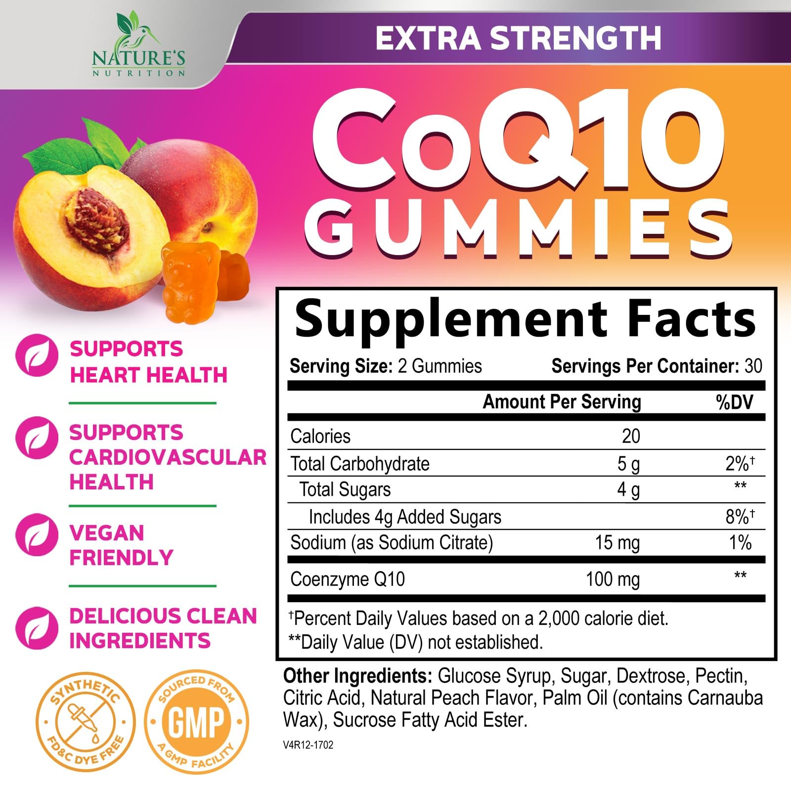Nature's Nutrition CoQ10 Gummies bottle side view with label and cap.