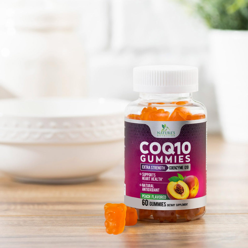 Nutrition facts panel on Nature's Nutrition CoQ10 Gummies bottle.