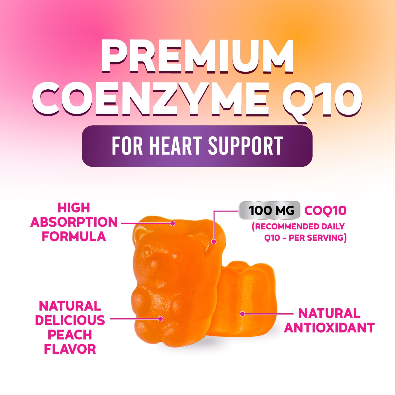 Close-up of Nature's Nutrition CoQ10 Gummies peach flavor chews.