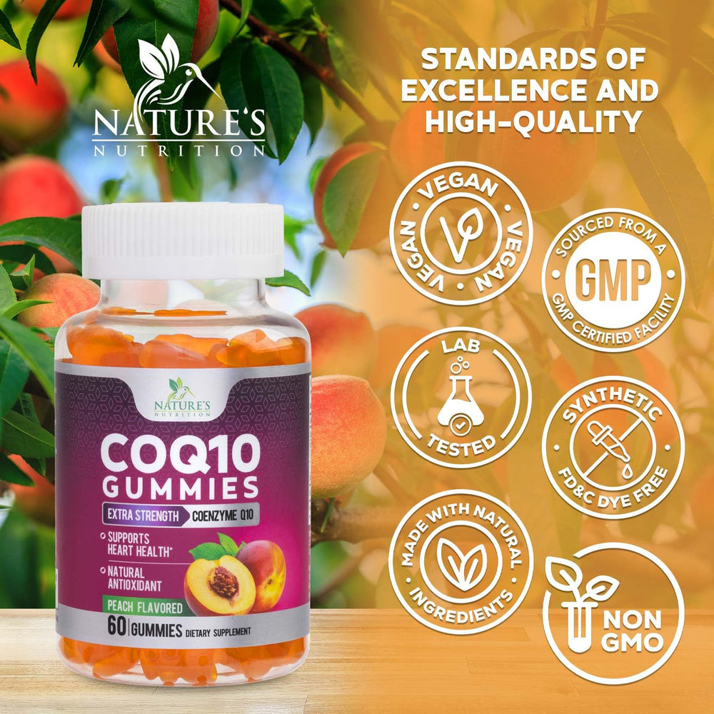 Peach-flavored CoQ10 gummy chews by Nature's Nutrition, ready to enjoy.