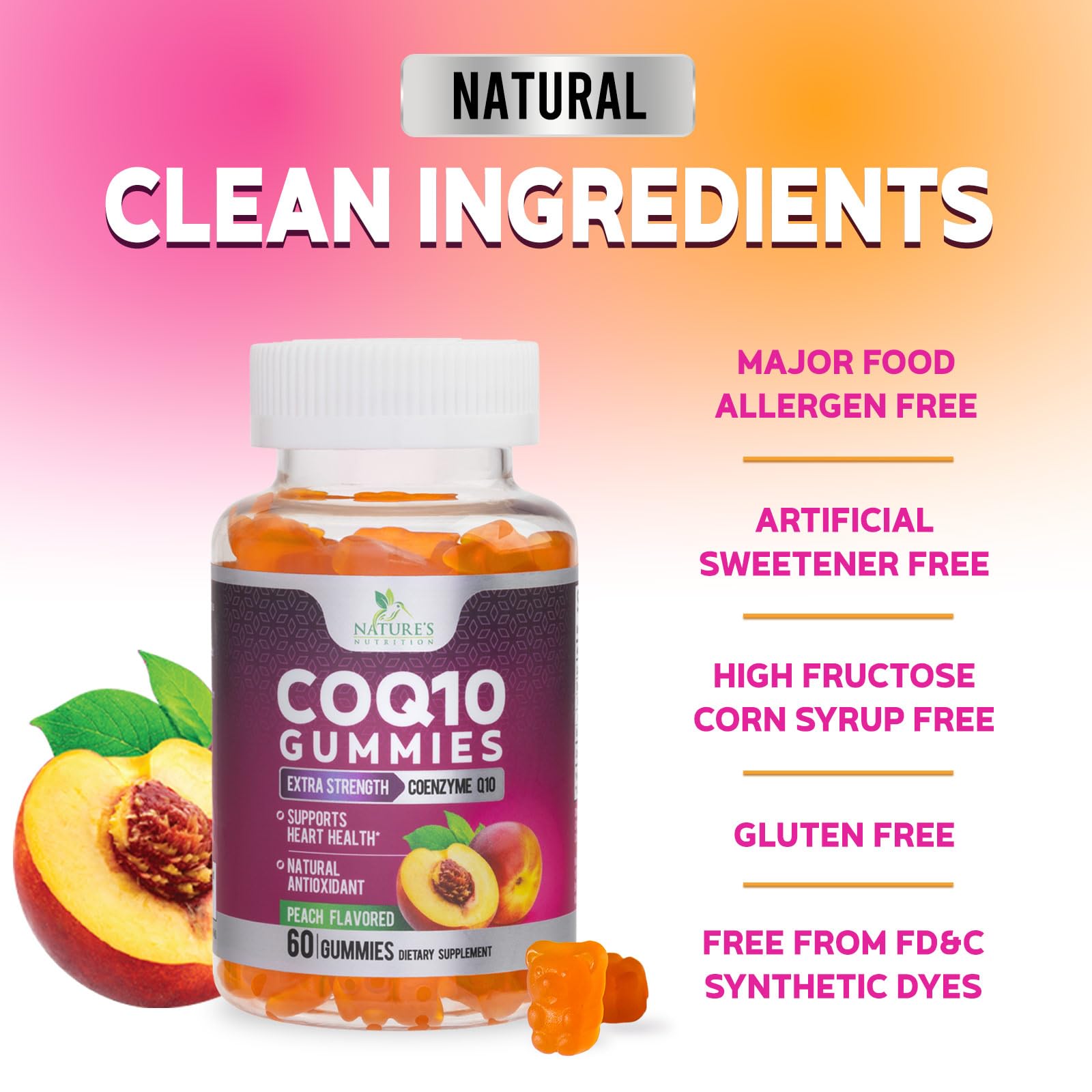Third-party tested seal on Nature's Nutrition CoQ10 Gummies packaging.