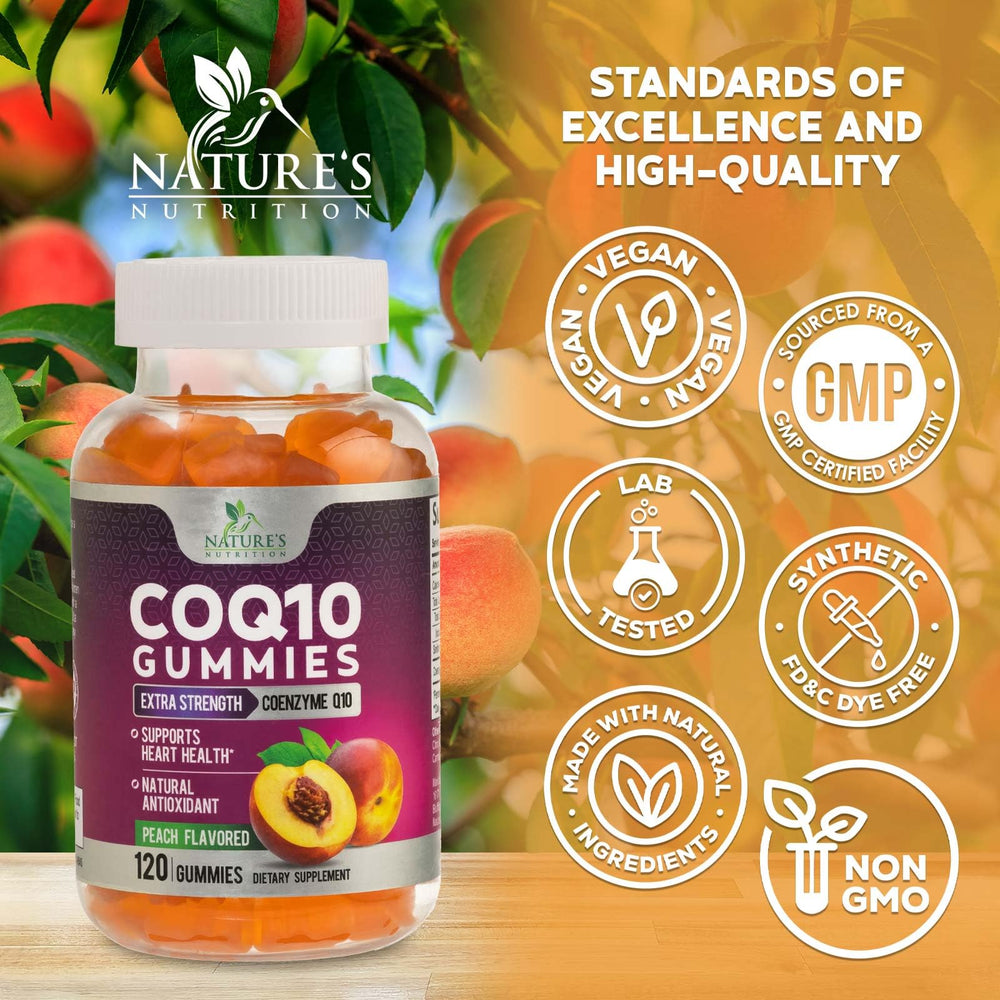 Nature's Nutrition CoQ10 Gummies vegan formulation label highlighting plant-based wellness