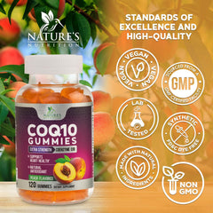 Nature's Nutrition CoQ10 Gummies vegan formulation label highlighting plant-based wellness
