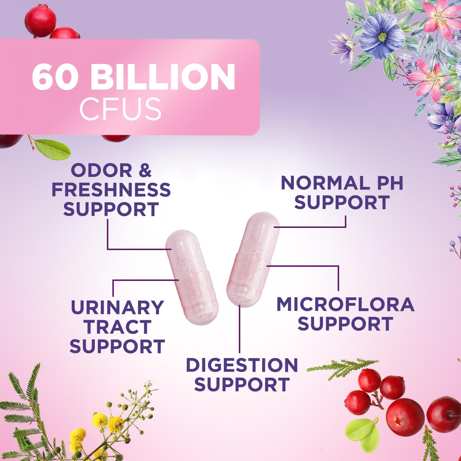 Nature's Nutrition cranberry-D-mannose blend capsule close-up supporting urinary and vaginal comfort.