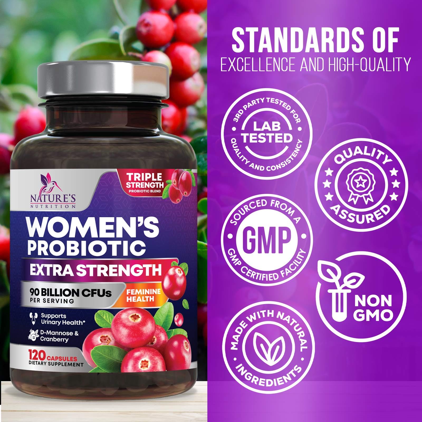 Nature's Nutrition cranberry extract capsules highlighting urinary and feminine wellness benefits.