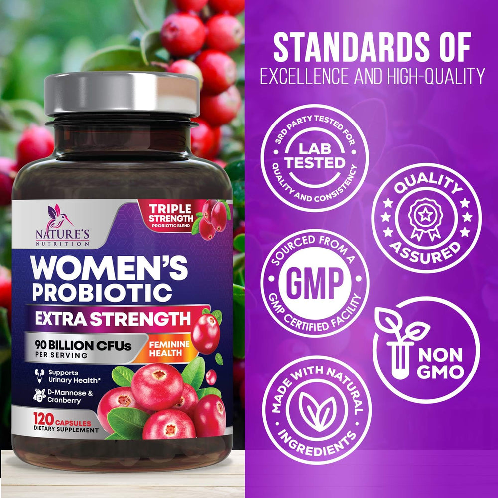 Nature's Nutrition cranberry extract capsules highlighting urinary and feminine wellness benefits.