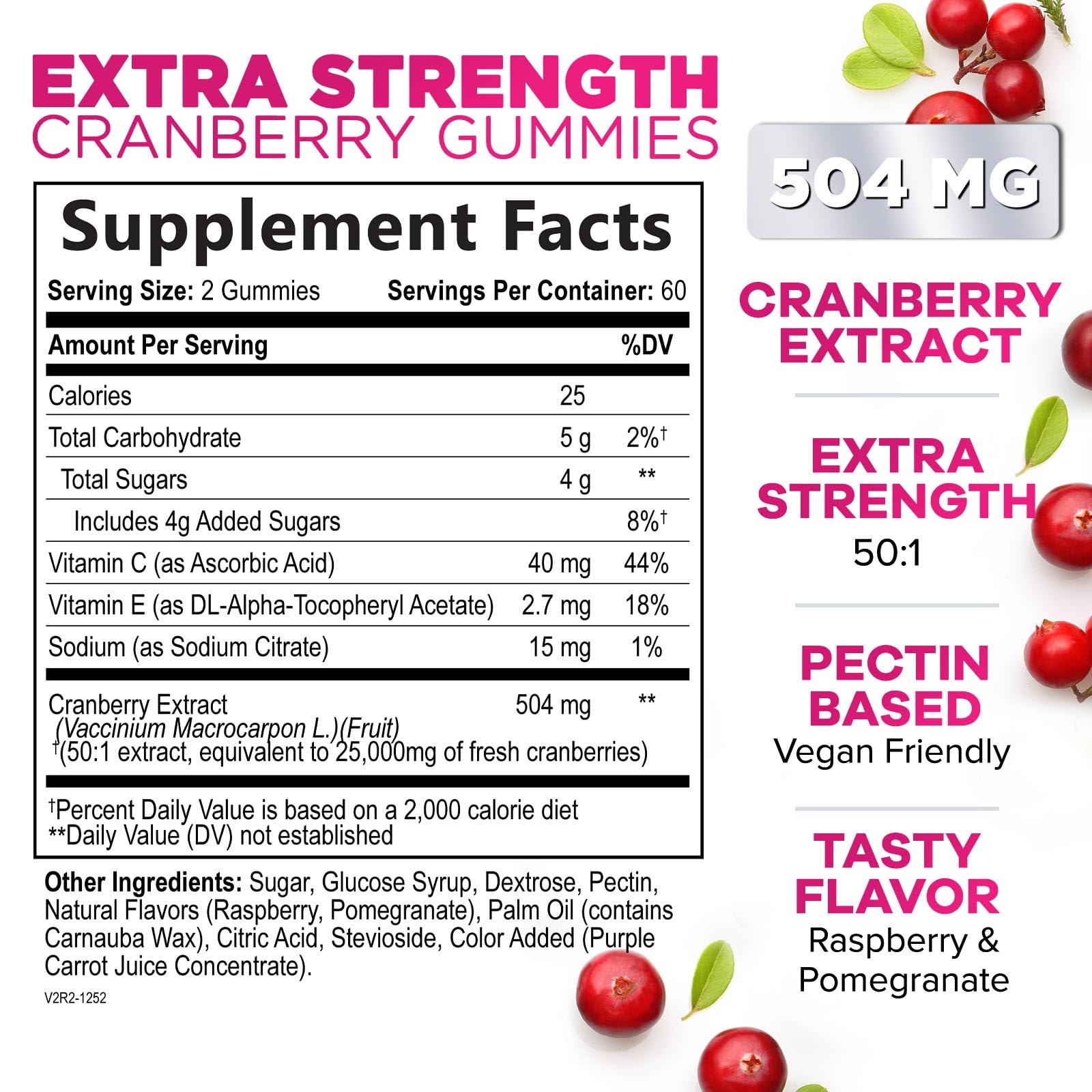 Nature's Nutrition Cranberry Gummies bottle back with nutrition details and vitamin C benefits.