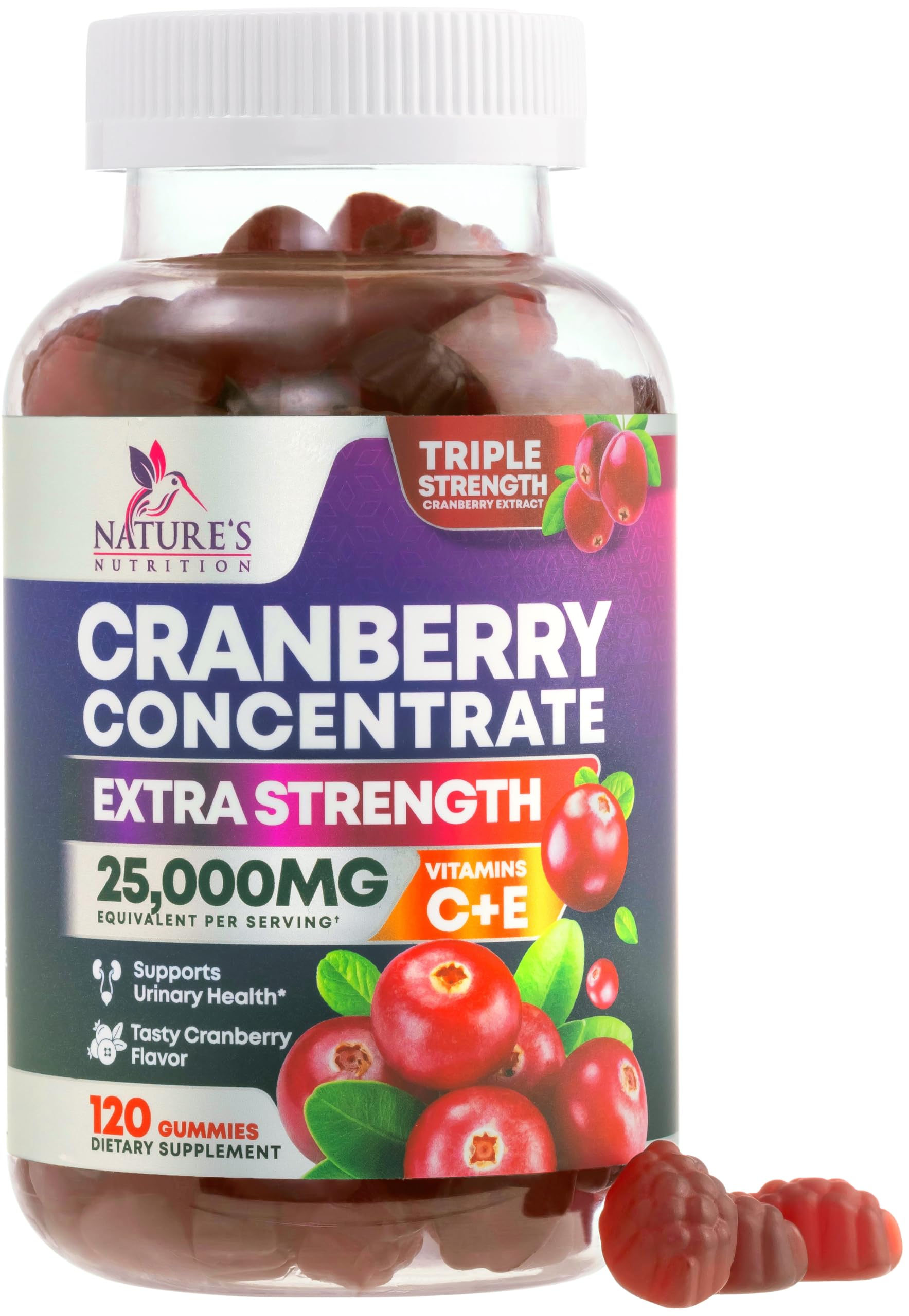 Nature's Nutrition Cranberry Gummies bottle front for convenient daily urinary health support.
