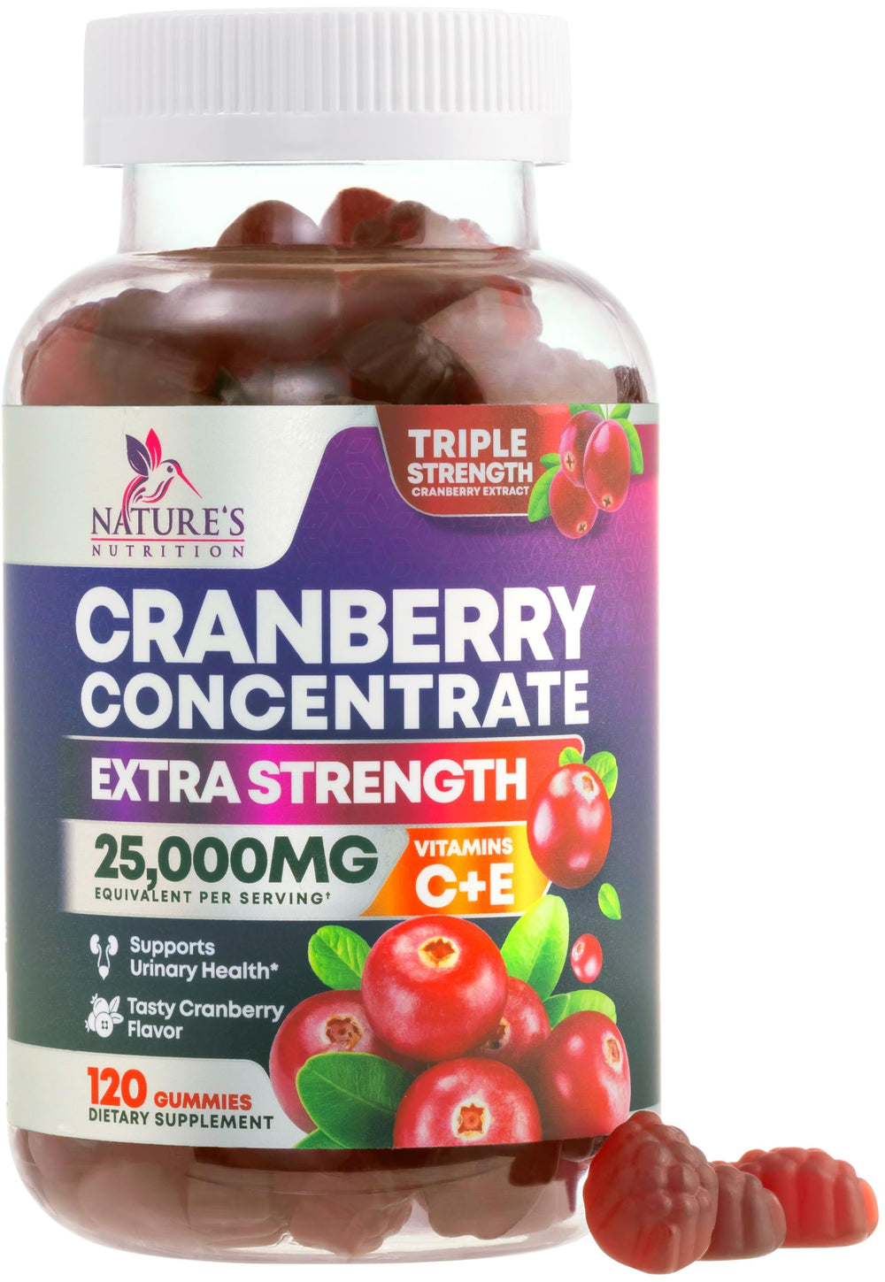 Nature's Nutrition Cranberry Gummies bottle front for convenient daily urinary health support.