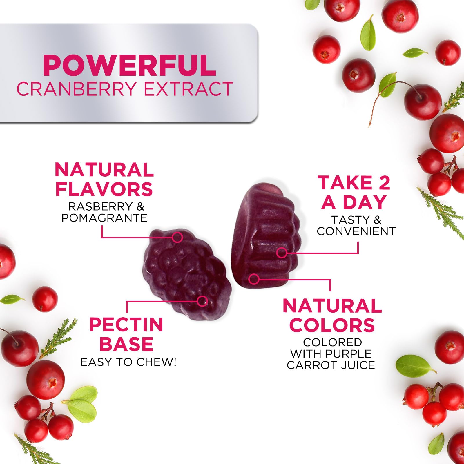 Nature's Nutrition Cranberry Gummies cranberry flavor with natural berry notes.