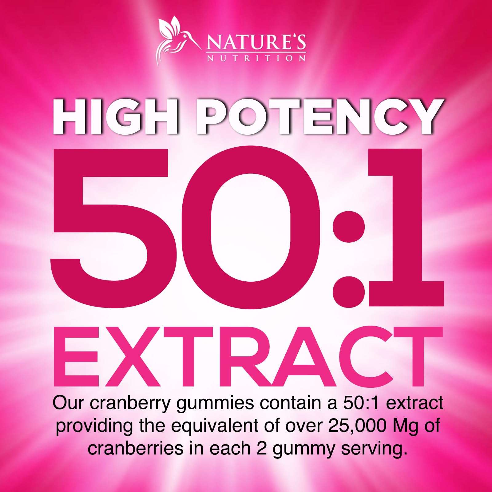Nature's Nutrition Cranberry Gummies ingredients panel highlights high-strength 50:1 cranberry extract.