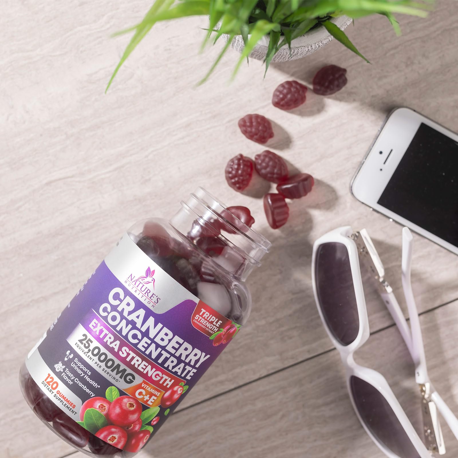 Nature's Nutrition Cranberry Gummies lifestyle shot encouraging healthy daily habits.
