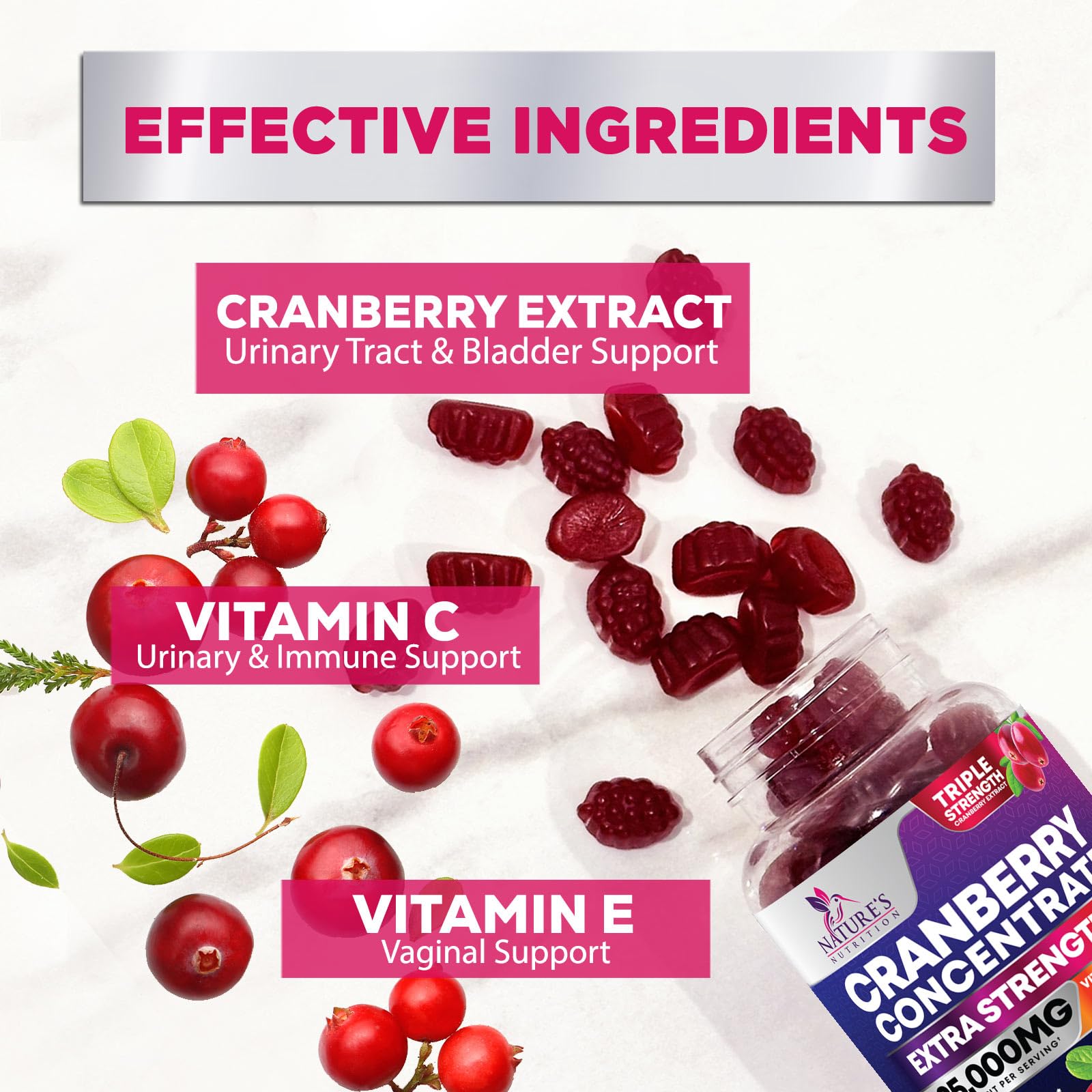 Nature's Nutrition Cranberry Gummies vitamin C icon signals added immune-support potential.