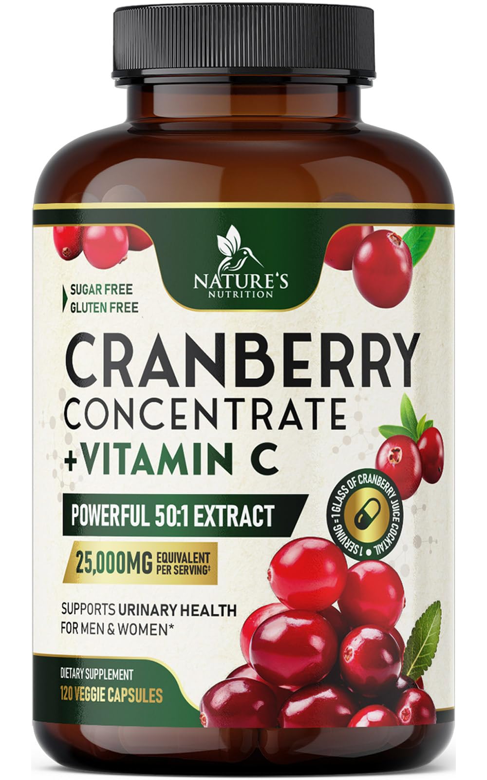 Nature's Nutrition cranberry pills bottle label signals convenient urinary health support
