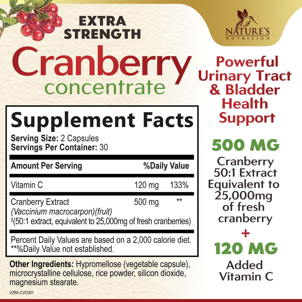Nature's Nutrition cranberry pills ingredient label showing cranberry extract and added vitamins C and E.